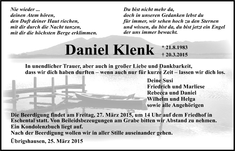  Traueranzeige für Daniel Klenk vom 25.03.2015 aus 