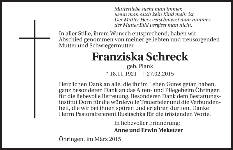  Traueranzeige für Franziska Schreck vom 07.03.2015 aus 