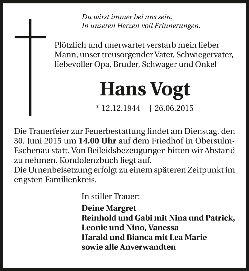  Traueranzeige für Hans Vogt vom 27.06.2015 aus 