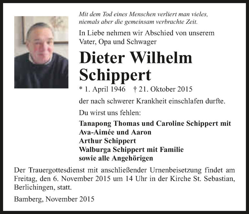  Traueranzeige für Dieter Wilhelm Schippert vom 04.11.2015 aus 