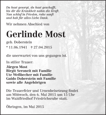 Traueranzeige von Gerlinde Most 