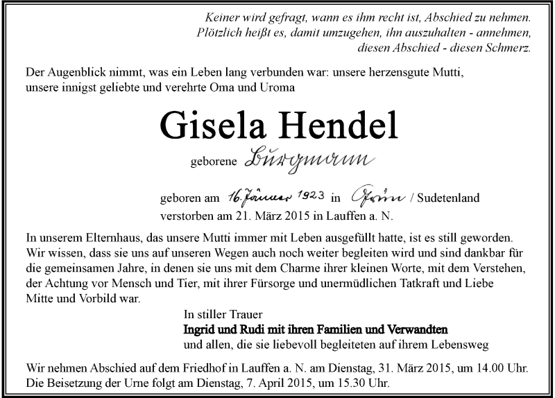  Traueranzeige für Gisela Hendel vom 26.03.2015 aus 