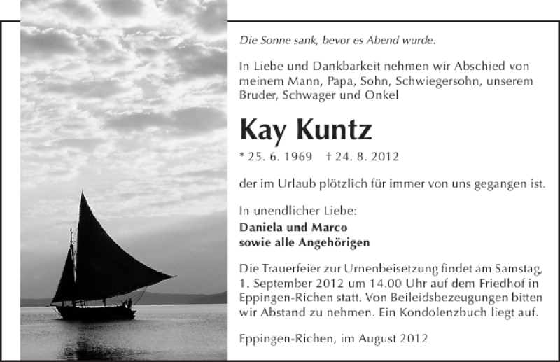  Traueranzeige für Kay Kuntz vom 30.08.2012 aus 