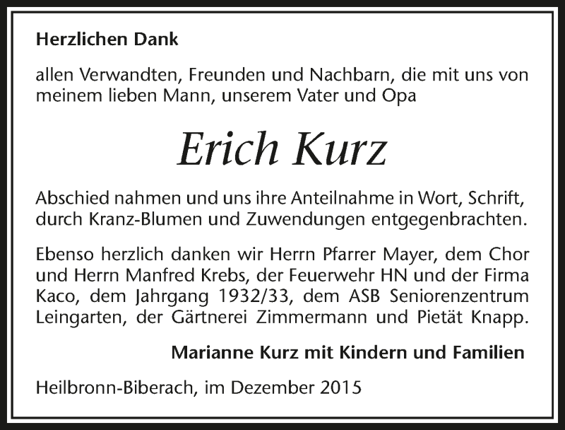  Traueranzeige für Erich Kurz vom 19.12.2015 aus 