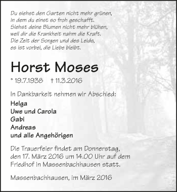 Traueranzeige von Horst Moses 