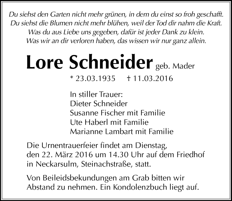  Traueranzeige für Lore Schneider vom 18.03.2016 aus 