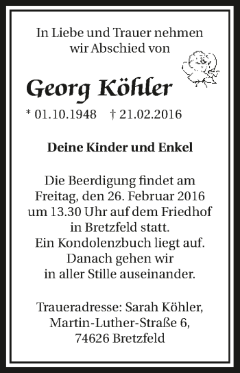 Traueranzeige von Georg Köhler 