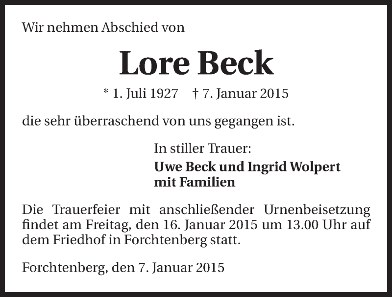  Traueranzeige für Lore Beck vom 13.01.2015 aus 