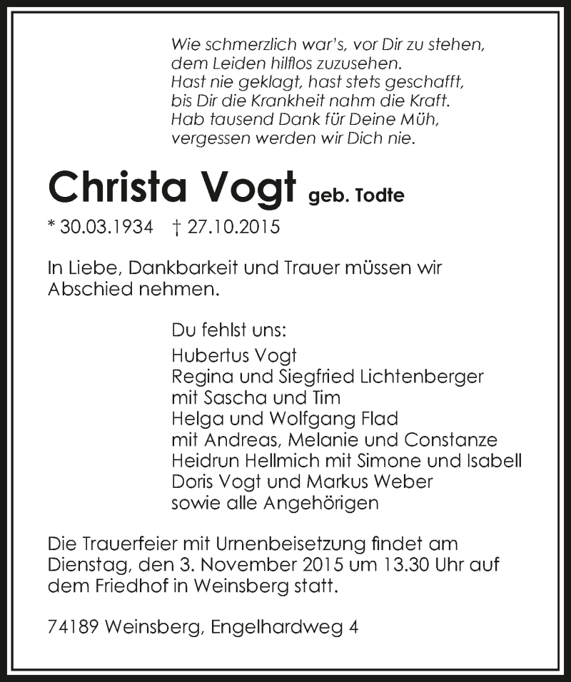  Traueranzeige für Christa Vogt vom 31.10.2015 aus 