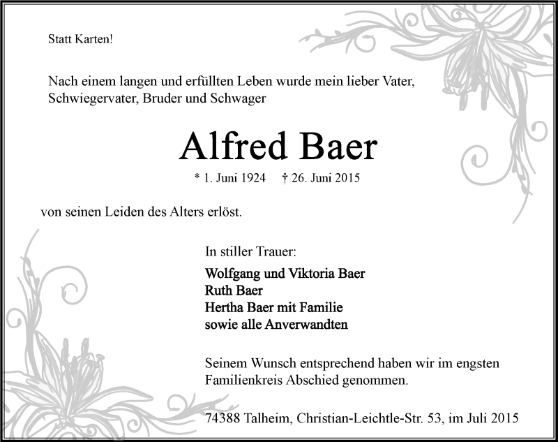  Traueranzeige für Alfred Baer vom 03.07.2015 aus 