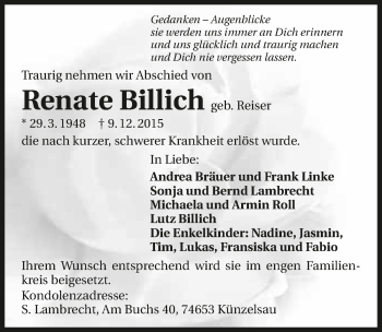 Traueranzeige von Renate Billich 