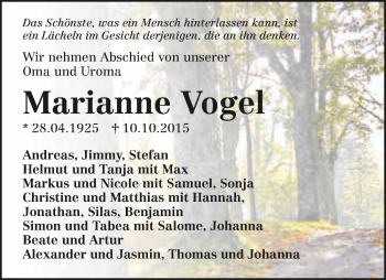 Traueranzeige von Marianne Vogel 