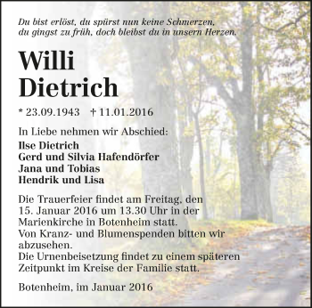 Traueranzeige von Willi Dietrich 