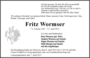 Traueranzeige von Fritz Wormser 