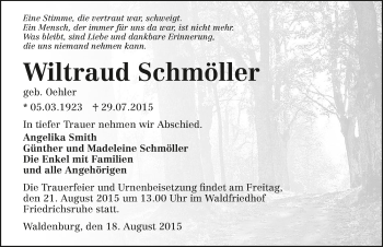 Traueranzeige von Wiltraud Schmöller 