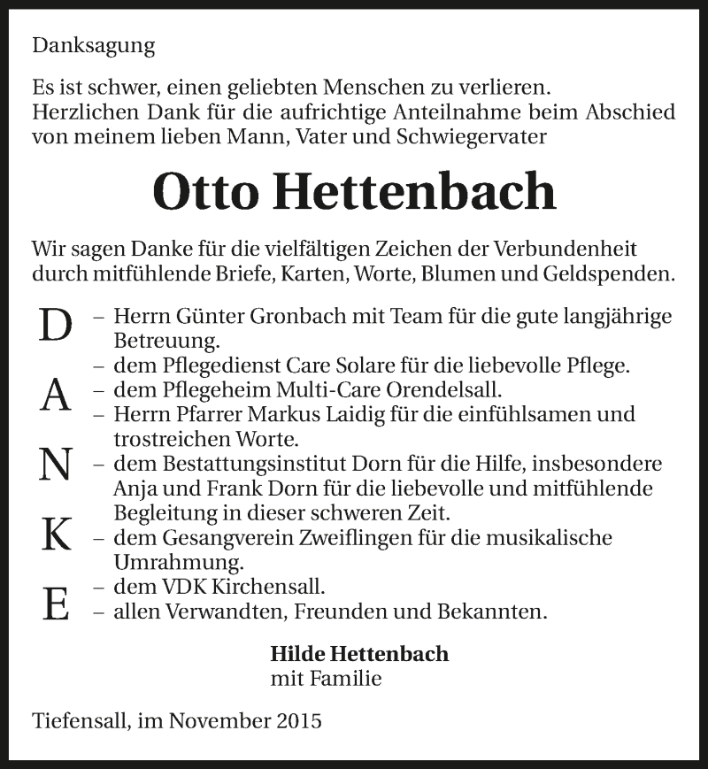  Traueranzeige für Otto Hettenbach vom 07.11.2015 aus 