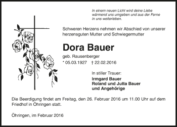 Traueranzeige von Dora Bauer 