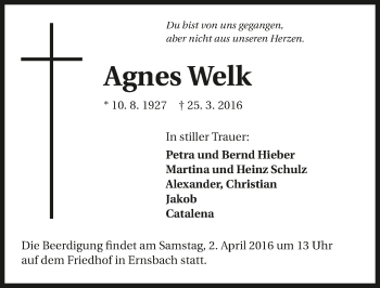 Traueranzeige von Agnes Welk 