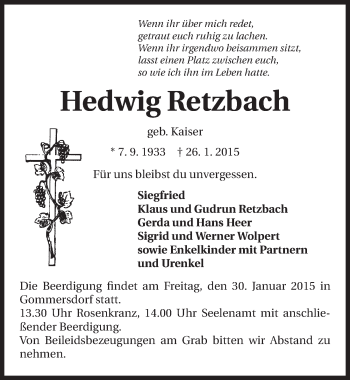 Traueranzeige von Hedwig Retzbach 