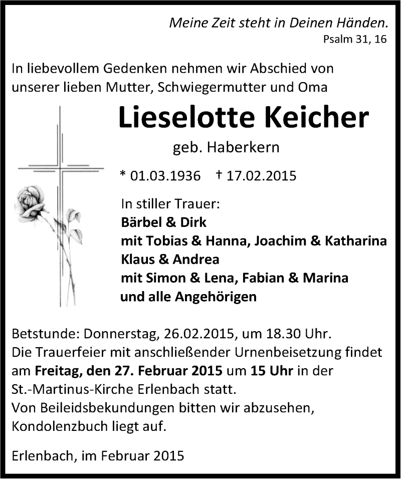  Traueranzeige für Lieselotte Keicher vom 24.02.2015 aus 