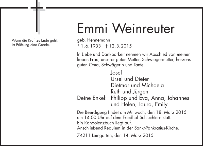  Traueranzeige für Emmi Weinreuter vom 14.03.2015 aus 
