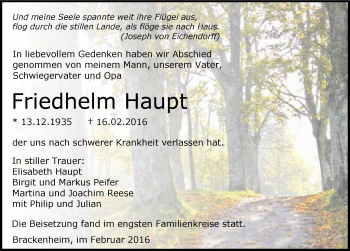 Traueranzeige von Friedhelm Haupt 