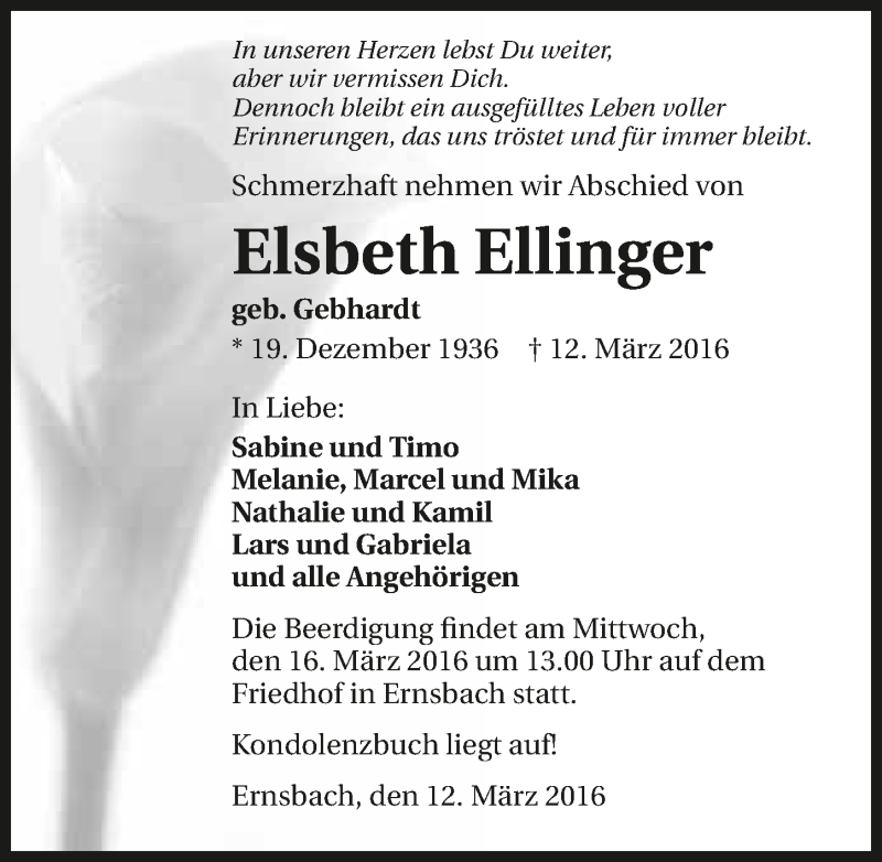  Traueranzeige für Elsbeth Ellinger vom 14.03.2016 aus 