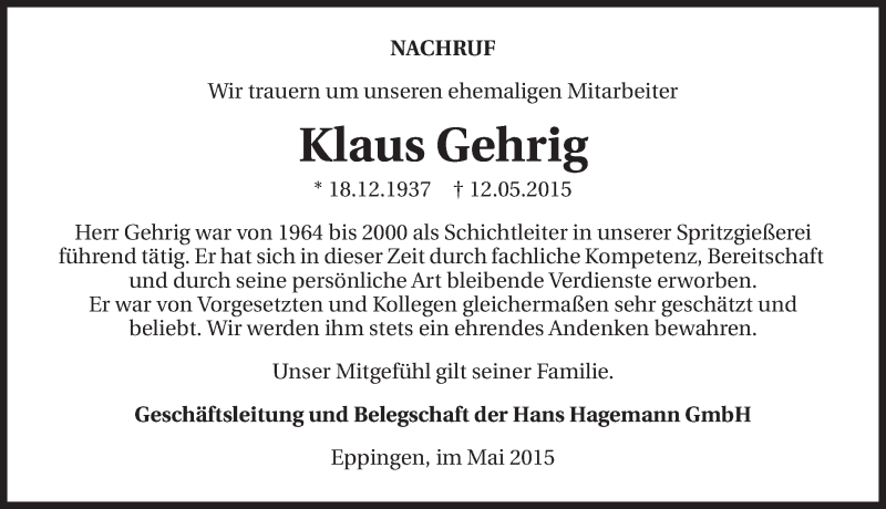 Traueranzeige für Klaus Gehrig vom 16.05.2015 aus 