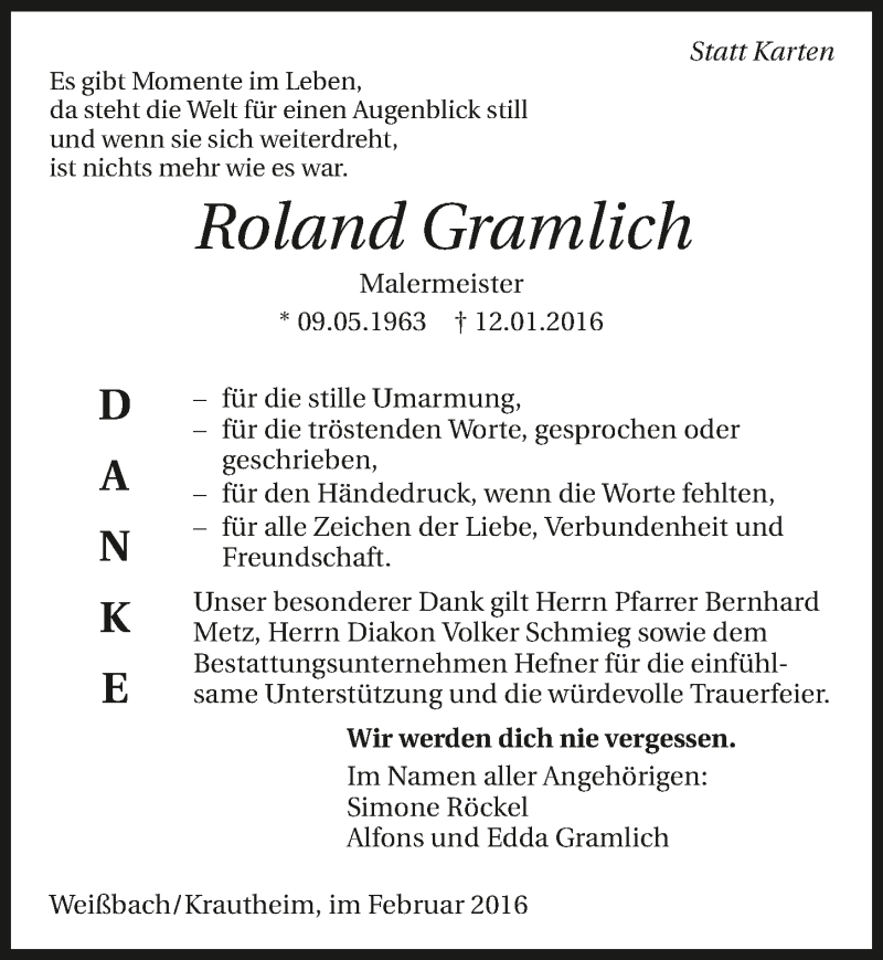  Traueranzeige für Roland Gramlich vom 06.02.2016 aus 