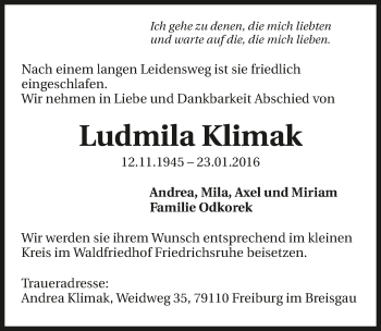 Traueranzeige von Ludmilla Klimak 