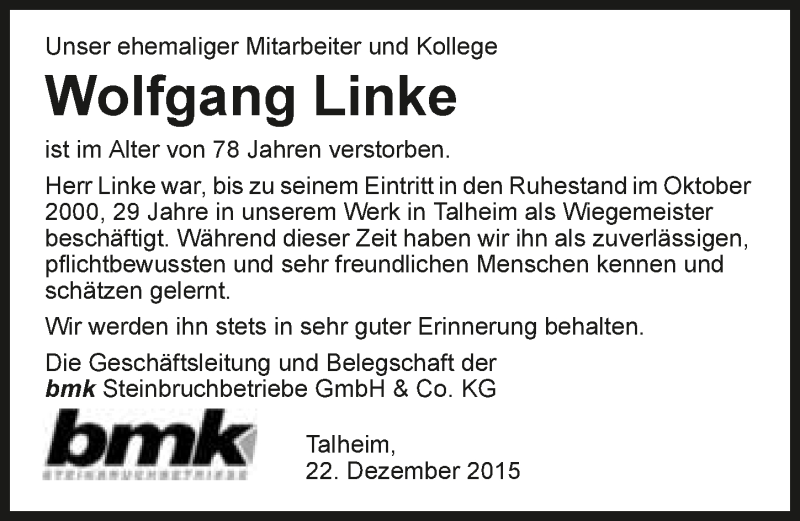  Traueranzeige für Wolfgang Linke vom 22.12.2015 aus 