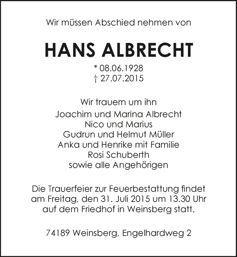  Traueranzeige für Hans Albrecht vom 29.07.2015 aus 