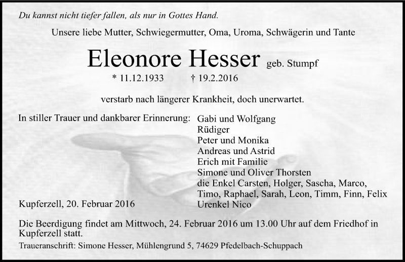  Traueranzeige für Eleonore Hesser vom 20.02.2016 aus 