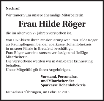 Traueranzeige von Hilde Röger 