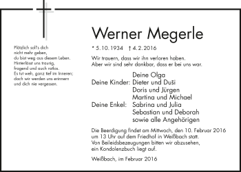 Traueranzeige von Werner Megerle 