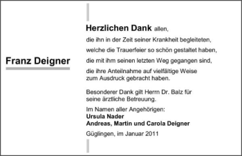 Traueranzeige von Franz Deigner 