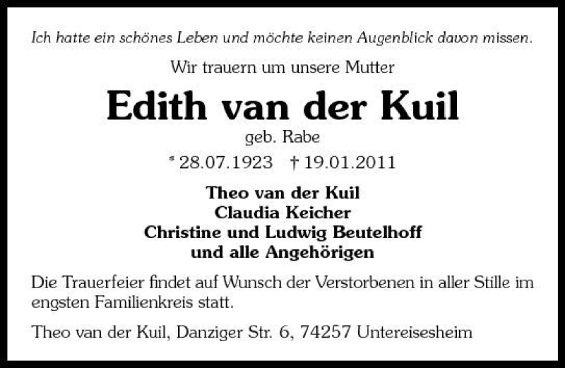  Traueranzeige für Edith van der Kuil vom 22.01.2011 aus 