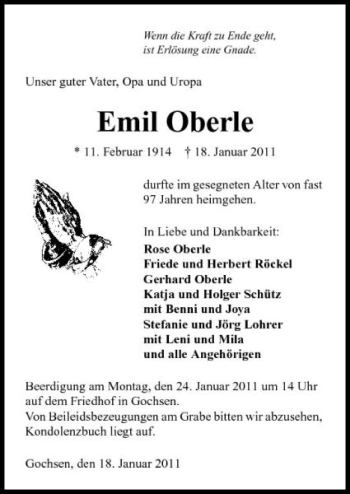 Traueranzeige von Emil Oberle 
