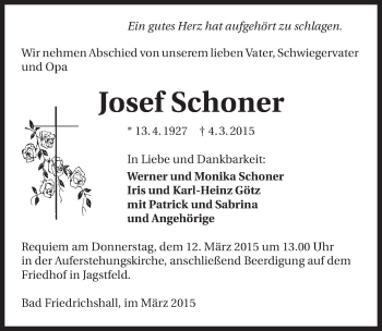 Traueranzeige von Josef Schoner 