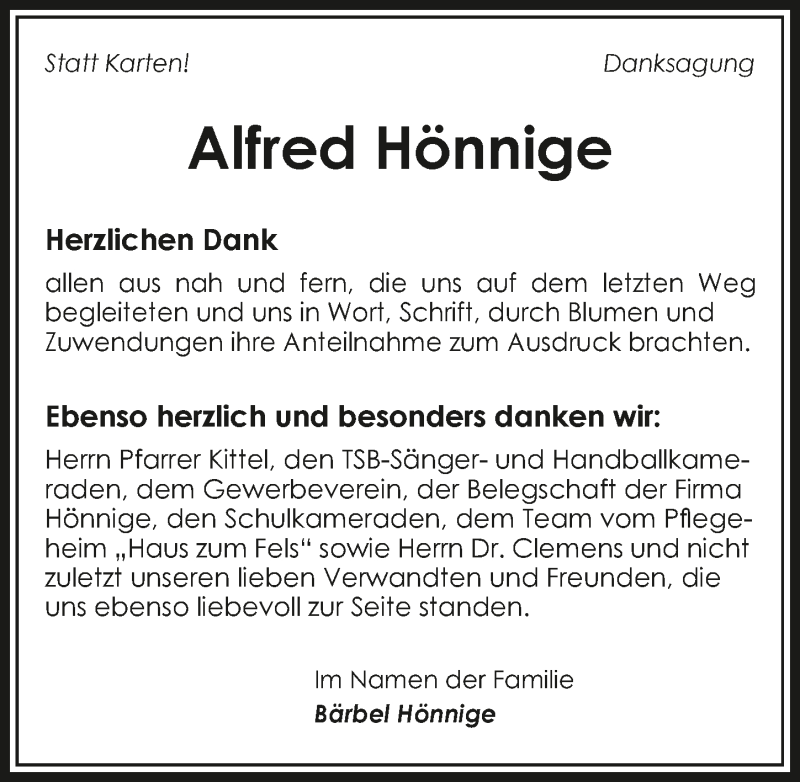  Traueranzeige für Alfred Hönnige vom 07.05.2016 aus 
