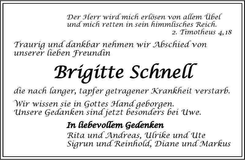  Traueranzeige für Brigitte Schnell vom 05.12.2015 aus 