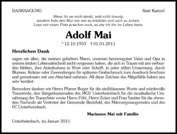 Traueranzeige von Adolf Mai 