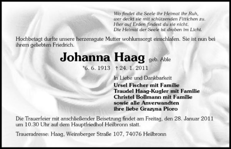  Traueranzeige für Johanna Haag vom 25.01.2011 aus 