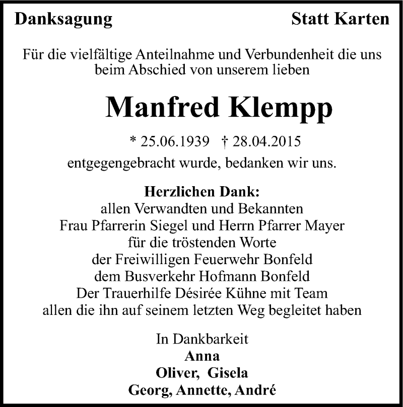  Traueranzeige für Manfred Klempp vom 22.05.2015 aus 