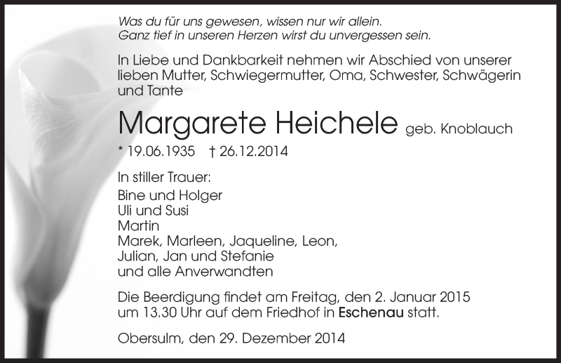  Traueranzeige für Margarete Heichele vom 29.12.2014 aus 