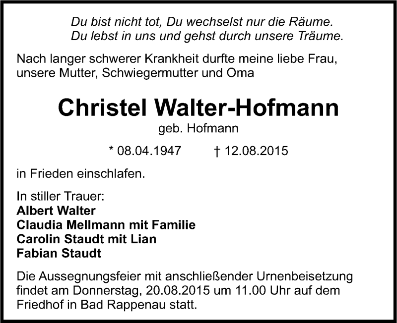  Traueranzeige für Christel Walter-Hofmann vom 17.08.2015 aus 