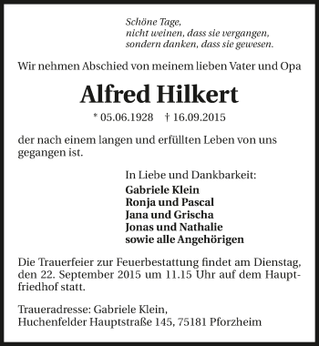 Traueranzeige von Alfred Hilkert 