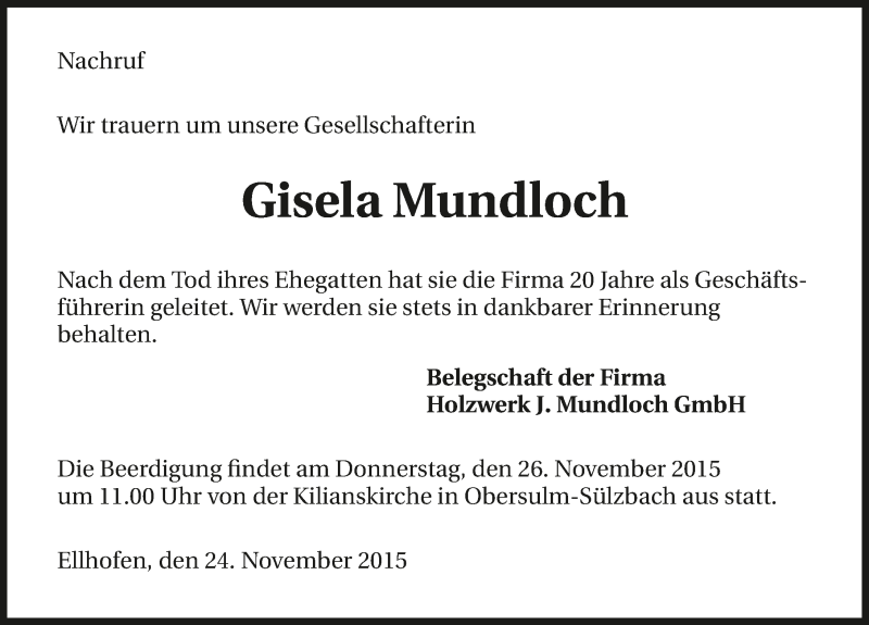 Traueranzeige für Gisela Mundloch vom 24.11.2015 aus 
