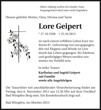 Traueranzeige von Lore Geipert 