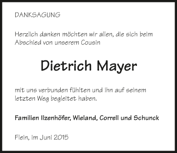 Traueranzeige von Dietrich Mayer 